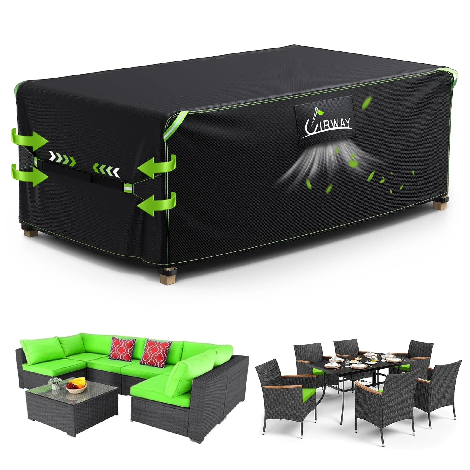 UIRWAY Garden Furniture Cover Waterproof with Air Vent, 170x94x70cm Outdoor Patio Furniture Cover, 420D Heavy Duty Garden Table Cover with Reflective Strips