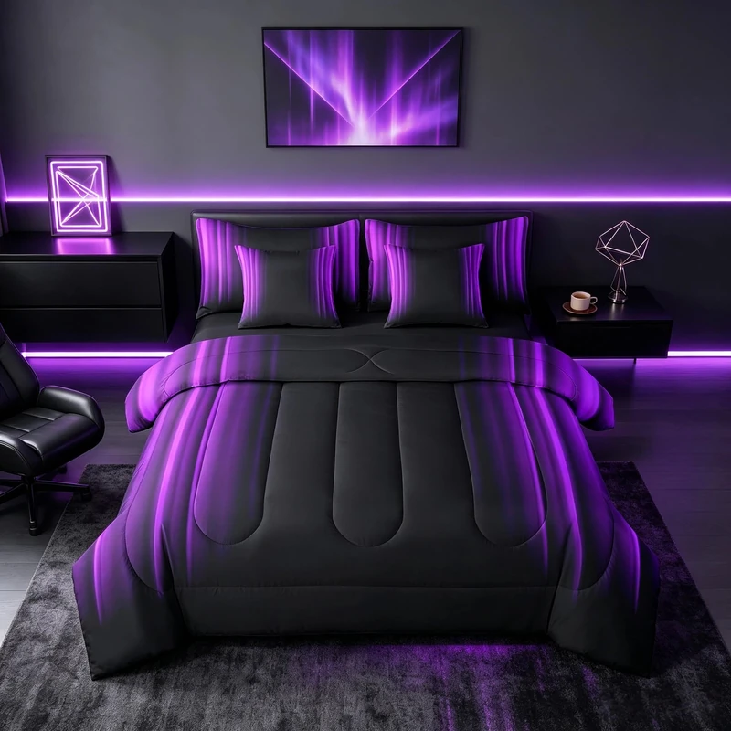 Feelyou Geometric Abstract Ombre Comforter Set with Sheets Kids Teens Purple and Black Striped Bedding Bed Set Decor Modern Fashion Bed in a Bag Bedroom Collection Full Size