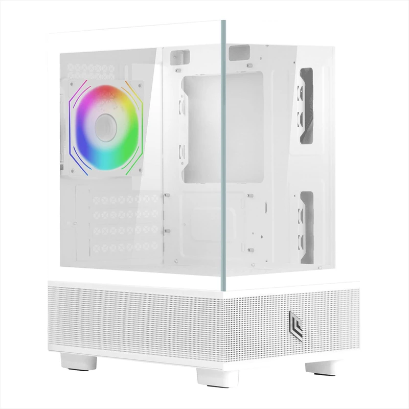 Noua Fobia L202 Micro-ATX PC Case, Mesh Design, Mini Tower Gaming Double Chamber, ARGB 120 mm Fan, Front and Side Panel Frameless Glass, White