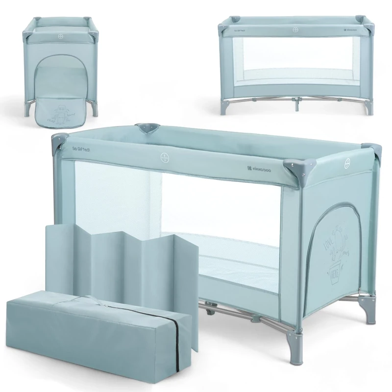 kikka boo SO Gifted Travel Cot, up to 15 kg, Park Cot 120 x 60 cm, 1 Level, Foldable, Lightweight, Carry Bag, Compact, Mint