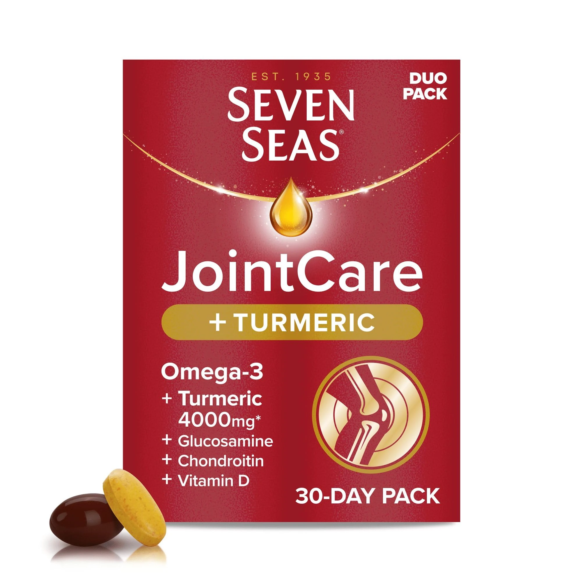 Seven Seas JointCare Plus Turmeric, with Omega-3, Glucosamine, Chondroitin, Vitamins C and D, Manganese and Zinc, Food Supplements, 30-Day Pack