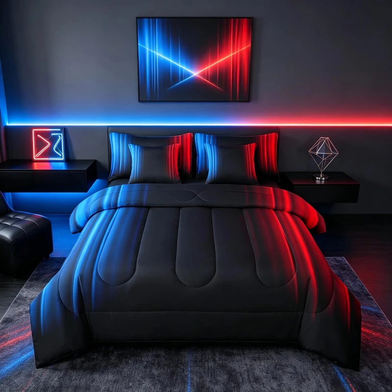 Feelyou Geometric Ombre Teens Comforter Set with Sheets Full Size Kids Boys Women Blue Red and Black 7 Piece Bedding Set Decor Modern Stripes Bed Set