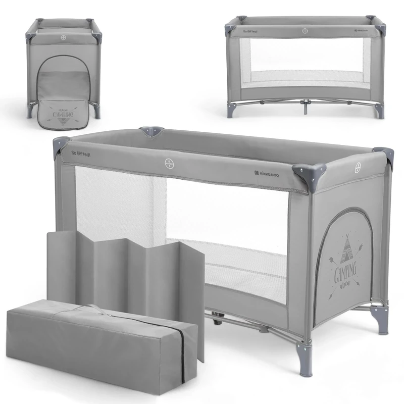 kikka boo SO Gifted Travel Cot, up to 15 kg, Park Cot 120 x 60 cm, 1 Level, Foldable, Lightweight, Carry Bag, Compact, Grey
