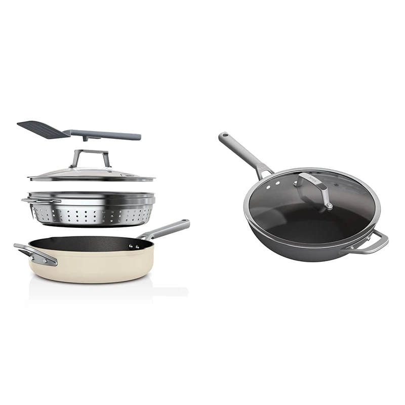 NINJA Foodi 9-in-1 PossiblePan with ZEROSTICK, Steamer/Strainer, Spatula, Glass Lid, 3.8L & ZEROSTICK Premium Cookware 28cm Wok with Glass Lid, Long Lasting, Non-Stick