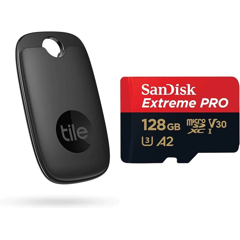 Tile Pro (2022) Bluetooth Item Finder, 1 Pack, 120m finding range, works with Alexa & SanDisk 128GB Extreme PRO microSDXC card + SD adapter + RescuePro Deluxe, up to 200 MB/s