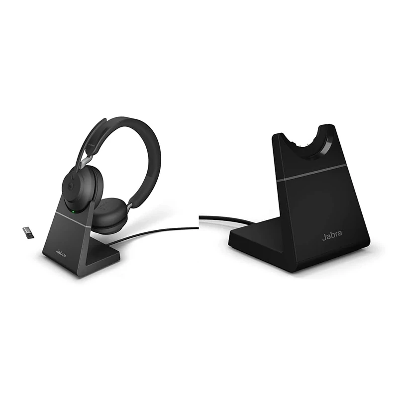 Jabra Evolve2 65 Wireless PC Headset with Charging Stand & Evolve2 65 Desk Stand – USB-A Headset Charging Stand – Black