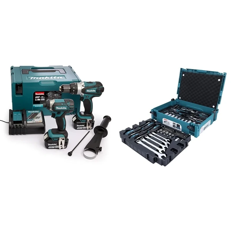 Makita DLX2145TJ 18V Li-ion LXT 2 Piece Combo Kit comprising DHP458Z and DTD152Z & E-11542 87 Piece Mechanics Set Supplied in a Makpac Case