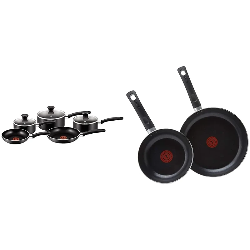 Tefal Essential, Aluminium Pots and Pans Set, 16 cm, 18 cm and 20 cm Saucepans with Lids & Taste Twin Pack, Aluminium Frying Pans, Pan Set, Pans 20 cm and 28 cm Diameter, Non-Stick