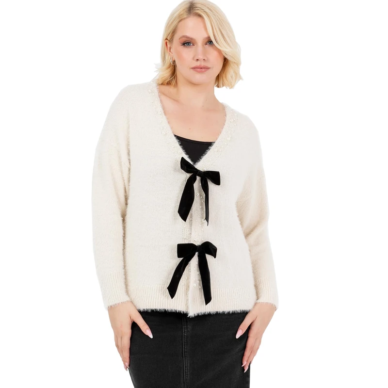 Lovedrobe Women's Cardigan Ladies Long Sleeve Pearl Embellished Velvet Bow Knitwear Smart Casual Office Wear Popper Buttons, Cream 40-42, Cream, 14-16'