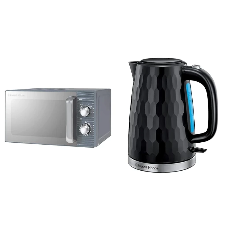 Russell Hobbs RHM1731G Inspire 17L 700w Grey Solo Manual Microwave with 5 Power Levels, Timer & Honeycomb Electric 1.7L Cordless Kettle (Fast Boil 3KW, Black premium plastic