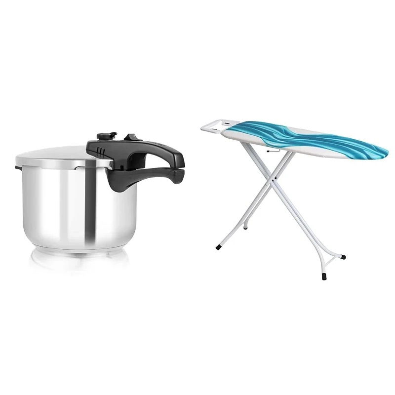 Tower T80244 6L/22cm Pressure Cooker with Steamer Basket, Stainless Steel, Silver & Mabel Home Adjustable Height, Deluxe, 4-Leg, Ironing Board, Additinoal Cover, Foldable, Collapsible