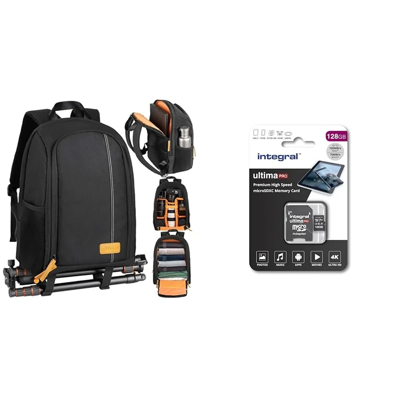 TARION Camera Backpack, Photography Backpack with Large Capacity, Padded Insert, 15'' Laptop & Integral 128GB Micro SD Card 4K Video Premium High Speed Memory Card SDXC Up to 100MB s Read and 50M