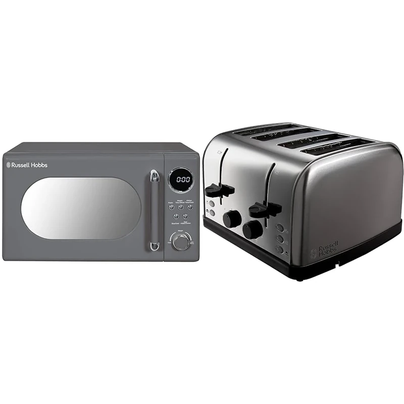 Russell Hobbs RHM2044G Retro 20 Litre Grey Digital Microwave, 800W, Mirror Finish & 4 Slice Toaster (High lift feature, 7 Browning levels, Frozen/Cancel/Reheat function