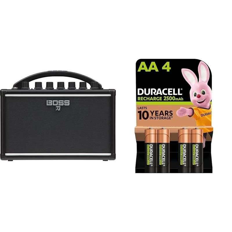 BOSS Ktn-Mini Katana Portable Guitar Amplifier, A Compact, Go-Anywhere Amp That Runs On Batteries & Duracell Rechargeable AA Batteries (Pack of 4), 2500 mAh NiMH, pre-charged