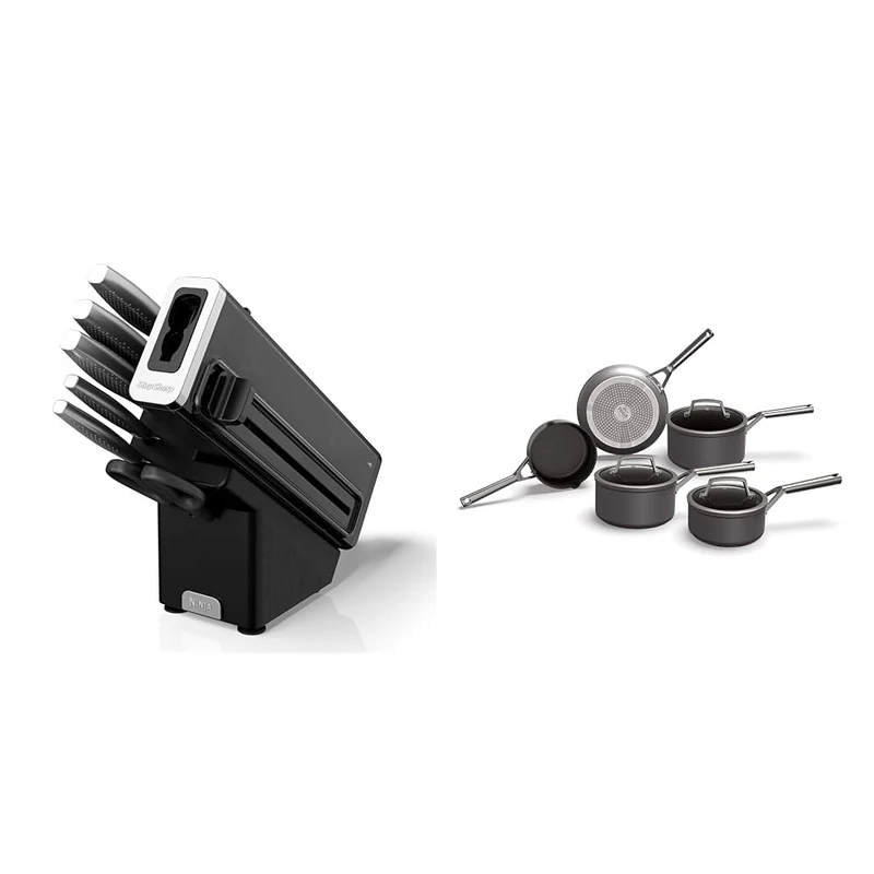 Ninja StaySharp Knife Set, Stainless Steel 6-Piece Knife Set with Integrated Sharpener, Chef Knife & ZEROSTICK Premium 5-Piece Pan Set, Long Lasting Non-Stick, 3X Saucepans with Glass Lids