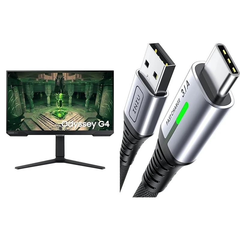 Samsung Odyssey G4 LS25BG400EUXXU 25" 240Hz 1ms IPS Full HD Gaming Monitor - 240Hz, 1ms, 2xHDMI & INIU USB C Charger Cable 2m 3.1A Type C Cable Fast Charging, Braided USB A to USB-C Phone Charger