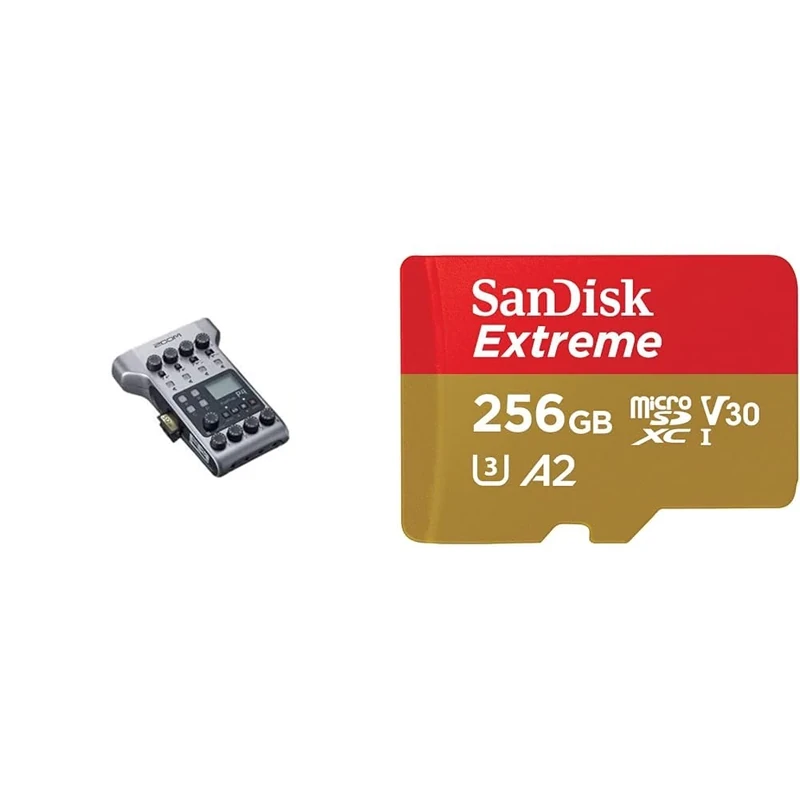 Zoom P4 PodTrak - Podcasting Mixer and Interface & SanDisk 256GB Extreme microSDXC card + SD adapter + RescuePRO Deluxe, up to 190MB/s, with A2 App Performance, UHS-I, Class 10, U3, V30, Black