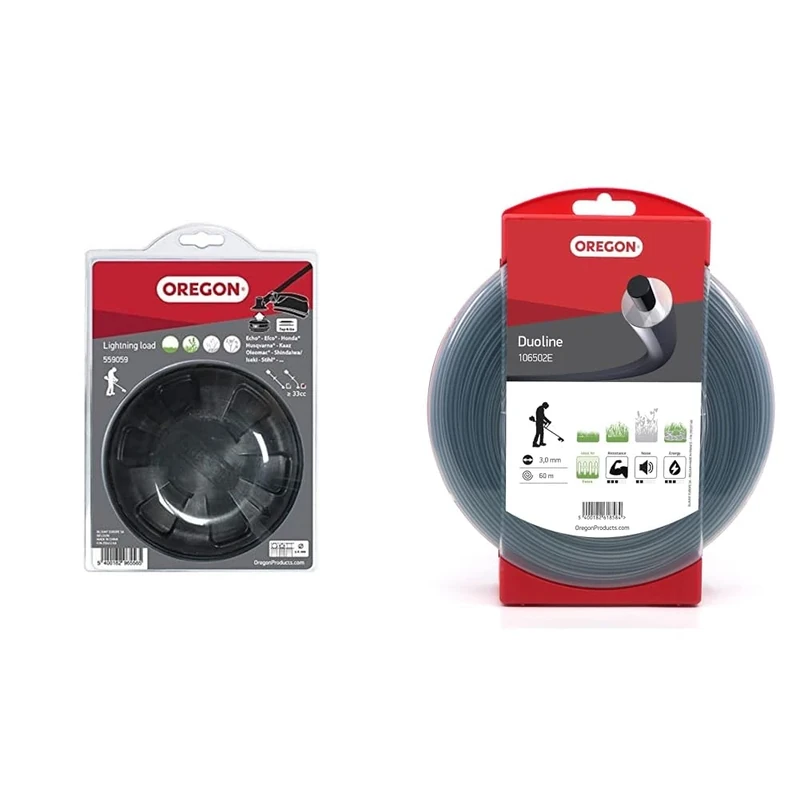 Oregon 559059 Lightning Load Pro Tap and Go Bump Fit Universal Trimmer Head & Duoline 106502E Trimmer Line for Over Grown Grass and Weeds, Blue, 3.0 mm x 60 M