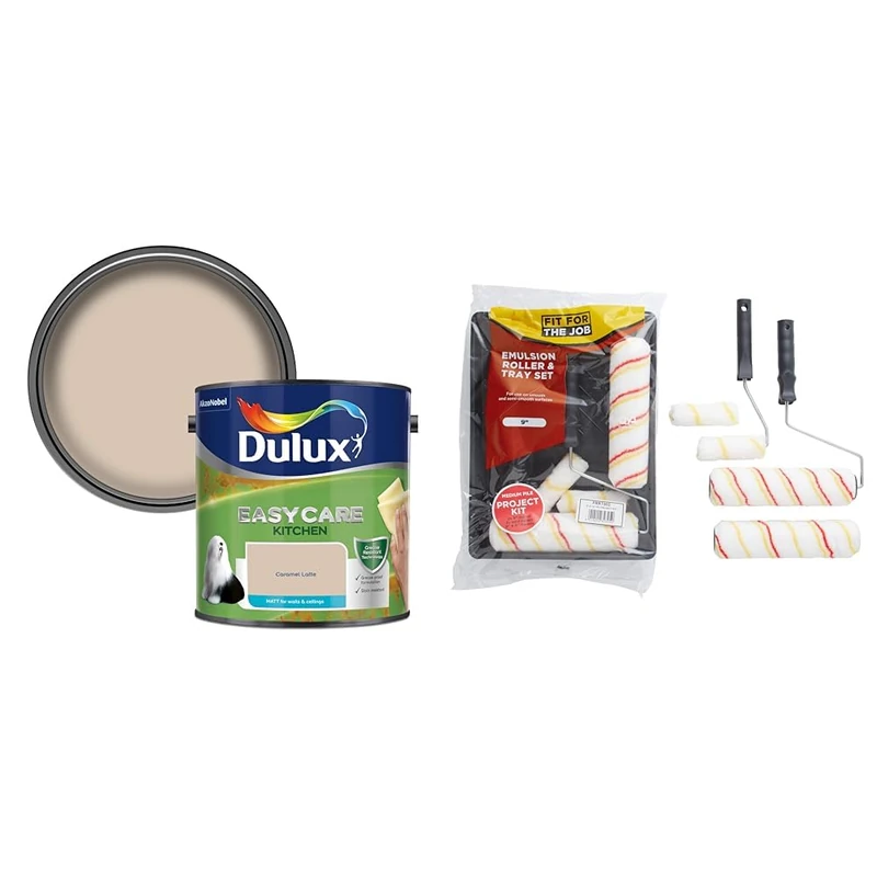 Dulux 500000 Easycare Kitchen Matt Emulsion Paint For Walls And Ceilings - Caramel Latte 2.5L & Fit For The Job 7 piece Emulsion Paint Roller Set, 2x 9 inch & 2x Mini Paint Rollers