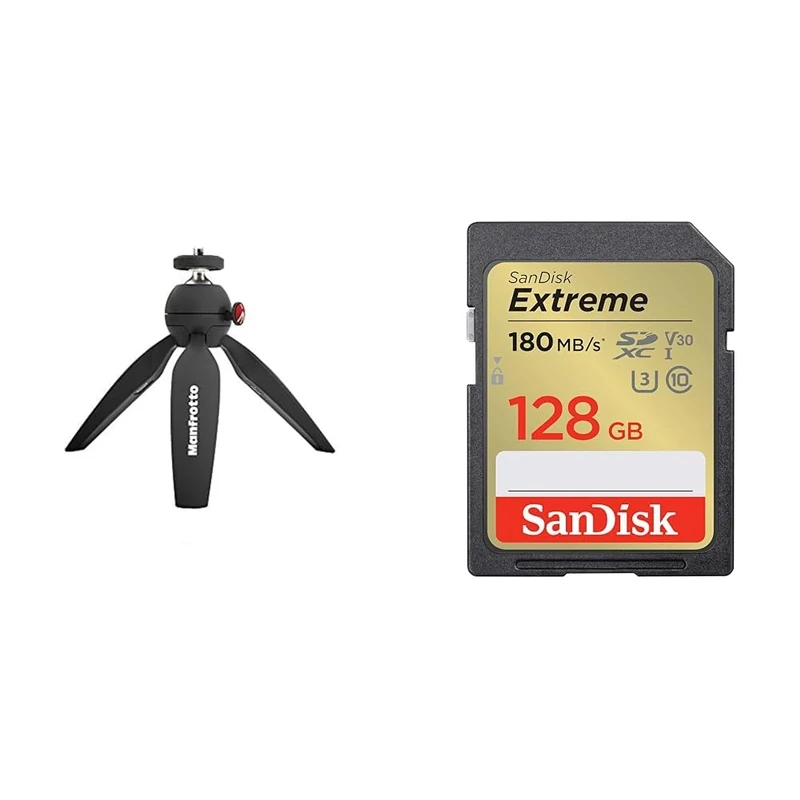 Manfrotto MTPIXIMII-B, PIXI Mini Camera Tripod with Handgrip for Compact System Cameras, for DSLR & SanDisk 128GB Extreme SDXC card + RescuePro Deluxe up to 180 MB/s UHS-I Class 10 U3 V30