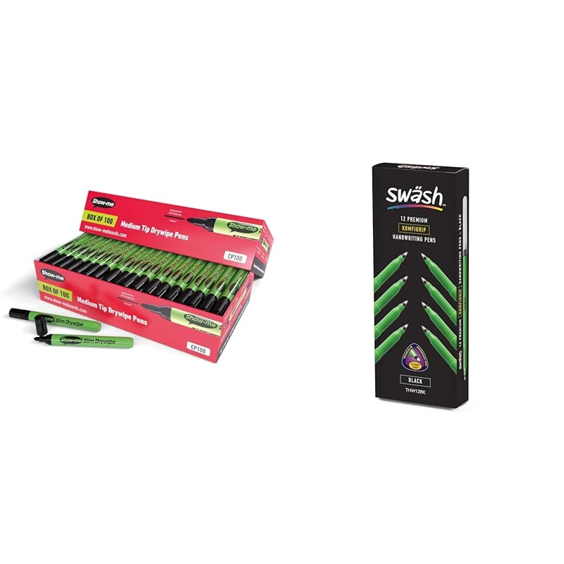 SHOW-ME Whiteboard Pens, Marker Pens For Whiteboard, Long-Lasting Whiteboard Markers & Swash THW12BK Komfigrip Handwriting Pens, Triangular Grip Handwriting Pen For Added Control