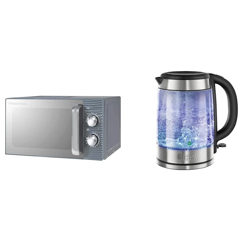 Russell Hobbs RHM1731G Inspire 17L 700w Grey Solo Manual Microwave with 5 Power Levels, Timer & Illuminating 1.7L Electric Cordless Glass Kettle