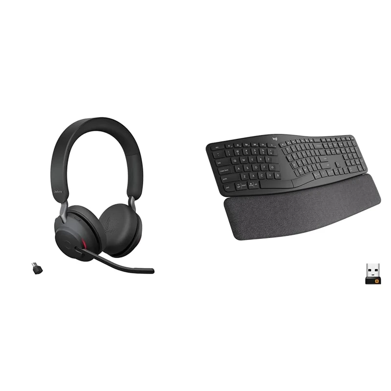 Jabra Evolve2 65 Wireless PC Headset – Noise Cancelling UC Certified Stereo Headphones & Logitech ERGO K860 Wireless Ergonomic Keyboard - Split Keyboard Layout, Wrist Rest, Natural Typing