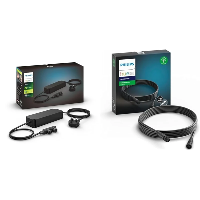 Philips Hue Outdoor Power Supply 100w, Black & Outdoor Extension Cable 5M, Black - Image 1
