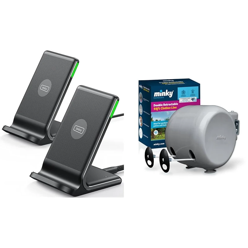 INIU Wireless Charger 2-Pack, 15W Qi Certified Fast Wireless Charger Stand & Minky Retractable Duo Reel Washing Line, Grey, 2x15m