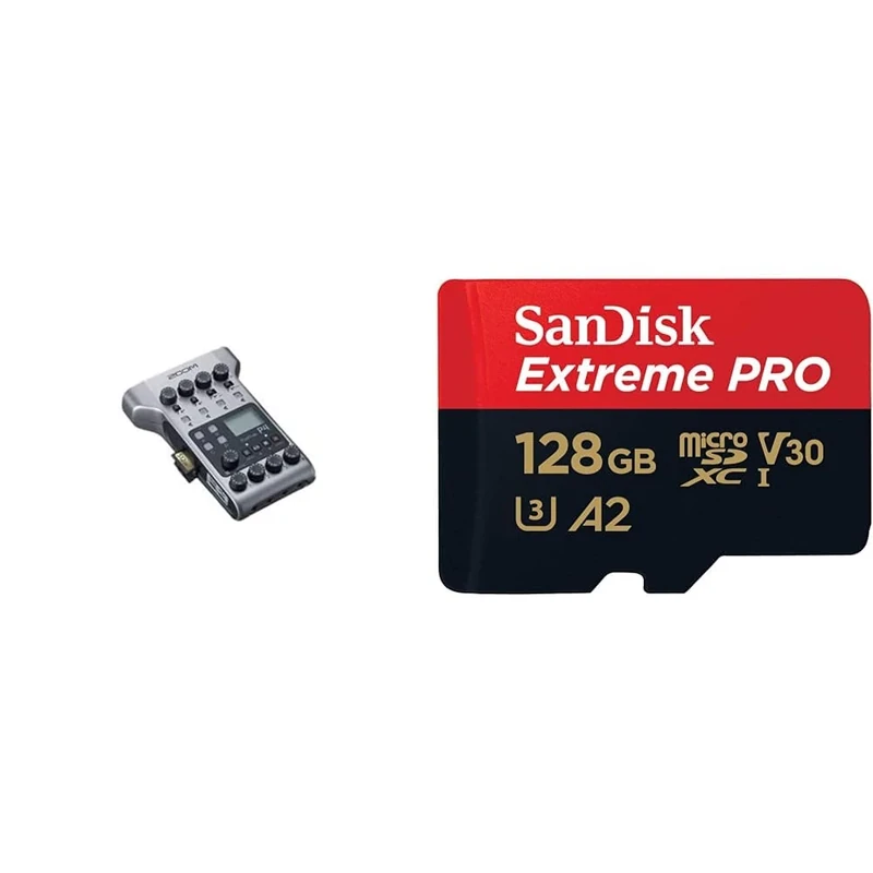 Zoom P4 PodTrak - Podcasting Mixer and Interface & SanDisk 128GB Extreme PRO microSDXC card + SD adapter + RescuePro Deluxe, up to 200 MB/s