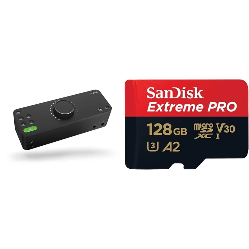 EVO 8 USB Audio Interface external sound card for music productions (4 in / 4 out, Smartgain & SanDisk 128GB Extreme PRO microSDXC card + SD adapter + RescuePro Deluxe, up to 200 MB/s