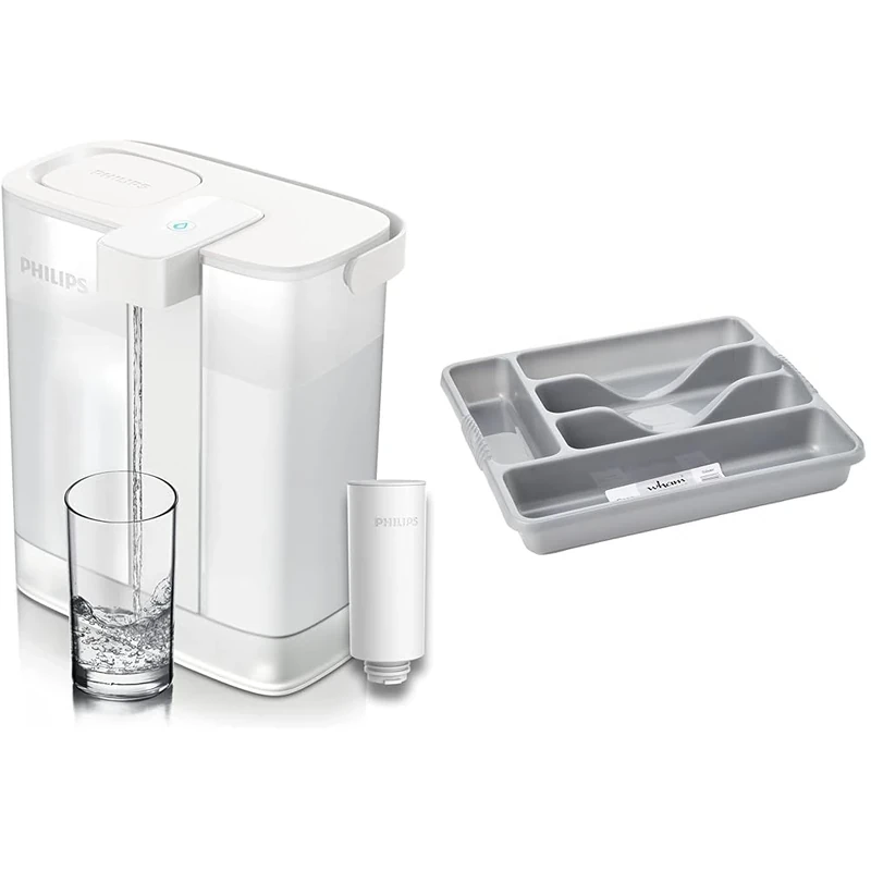 Philips Water Instant Water Filter - 3L Capacity, 1L/min Fast Flow, USB-C Rechargable & Wham Silver 5 Compartment Plastic Cutlery Holder Tray Drawer Organiser Rack