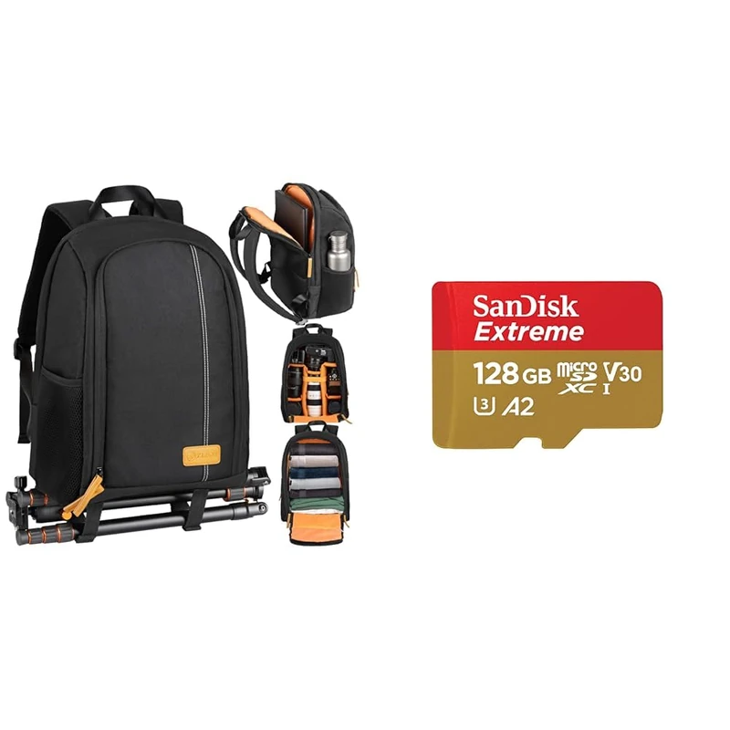 TARION Camera Backpack, Photography Backpack with Large Capacity, Padded Insert, 15'' Laptop & SanDisk 128GB Extreme microSDXC Card + SD Adapter + RescuePRO Deluxe, up to 190MB/s