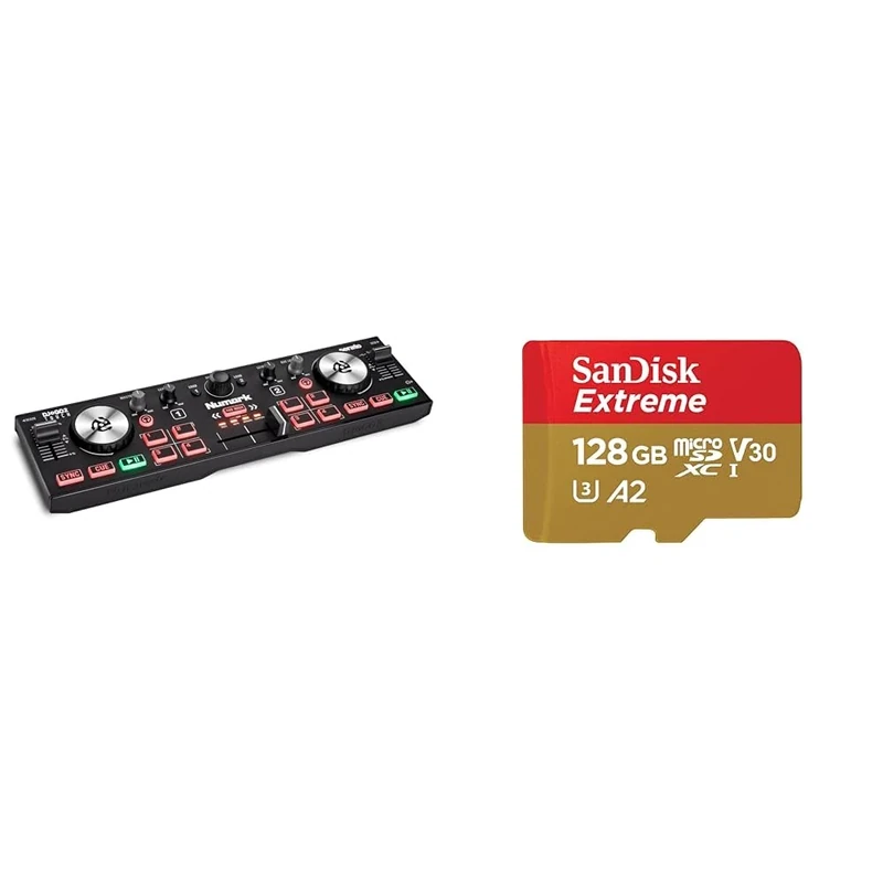 Numark DJ2GO2 Touch – Compact 2 Deck USB DJ Controller with Mixer/Crossfader & SanDisk 128GB Extreme microSDXC card + SD adapter + RescuePRO Deluxe, up to 190MB/s