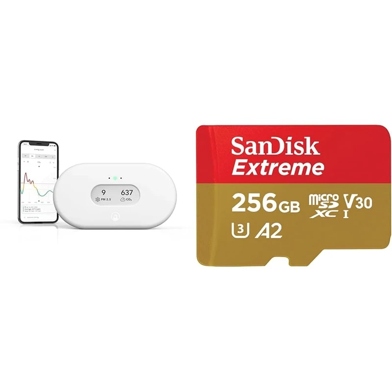 Airthings 2960 View Plus - Radon and Air Quality Monitor with PM 2.5, CO2, VOC & SanDisk 256GB Extreme microSDXC card + SD adapter + RescuePRO Deluxe, up to 190MB/s