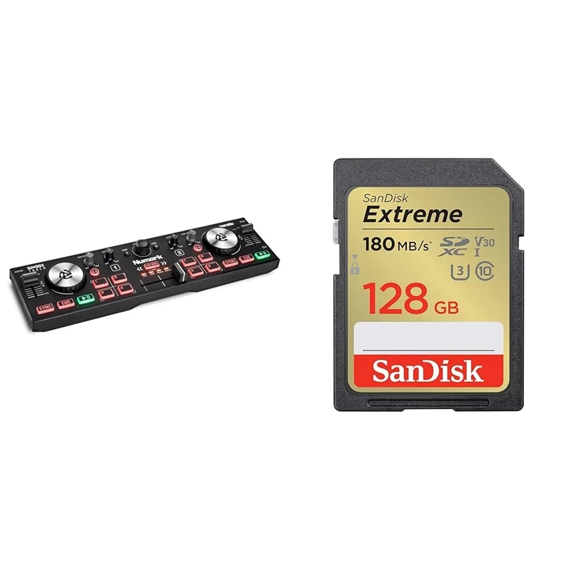 Numark DJ2GO2 Touch – Compact 2 Deck USB DJ Controller with Mixer/Crossfader & SanDisk 128GB Extreme SDXC card + RescuePro Deluxe up to 180 MB/s UHS-I Class 10 U3 V30