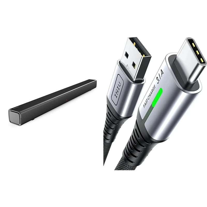 Panasonic SC-HTB100 Slim Soundbar for Dynamic Sound with Bluetooth, USB & INIU USB C Charger Cable 2m 3.1A Type C Cable Fast Charging, Braided USB A to USB-C Phone Charger