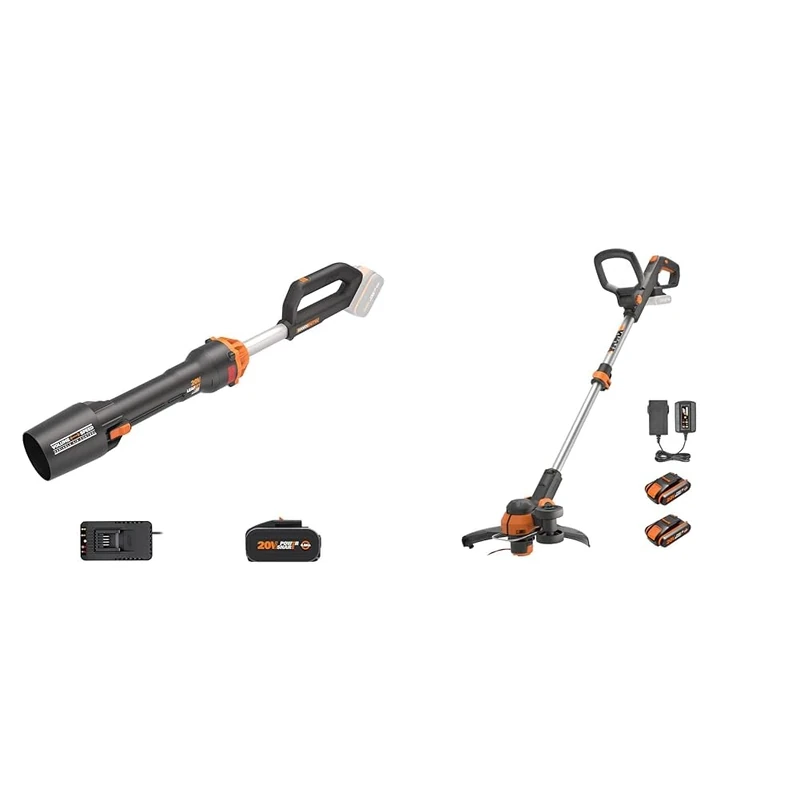 WORX NITRO 18V(20V MAX) Cordless Leaf Blower, PowerShare, Brushless Motor 2.0 & WG163E 18V (20V MAX) Cordless Grass Trimmer With Command Feed And 2 Batteries Strimmer Line
