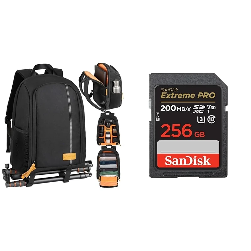 TARION Camera Backpack, Photography Backpack with Large Capacity, Padded Insert, 15'' Laptop & SanDisk 256GB Extreme PRO SDXC card + RescuePRO Deluxe, up to 200MB/s, UHS-I, Class 10, U3, V30