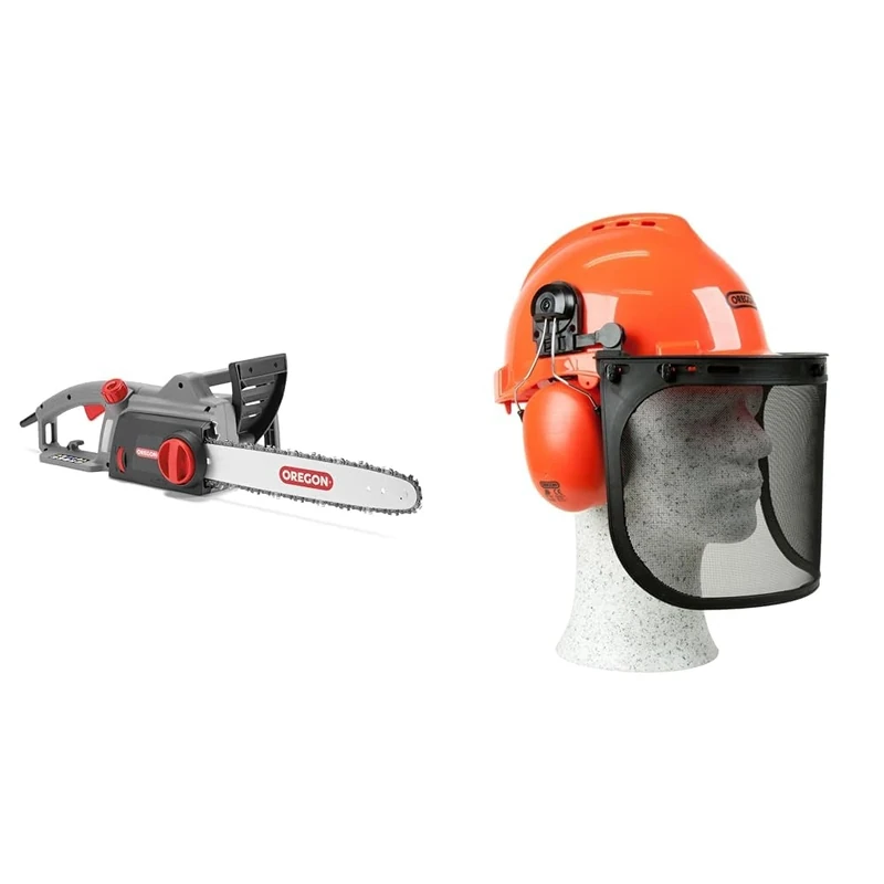 Oregon CS1200 1800W Electric Chainsaw, Corded Electric Saw with 35cm (14-Inch) & Yukon Chainsaw Safety Helmet with Protective Ear Muff and Mesh Visor (562412), Black