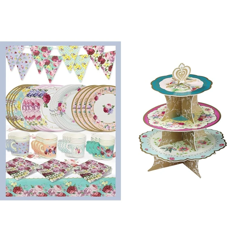 Talking Tables Floral Tableware Set & Vintage Afternoon Tea Party Decorations for 16 Guests & 3-Tier Reusable Floral Cake Stand Reversible Ideal for Afternoon Tea Party Decoration - Image 1