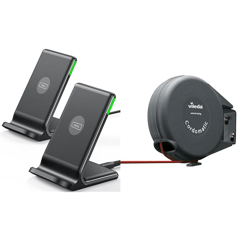INIU Wireless Charger 2-Pack, 15W Qi Certified Fast Wireless Charger Stand & Vileda Cordomatic Retractable Washing Line with 15m Outdoor Clothes Line