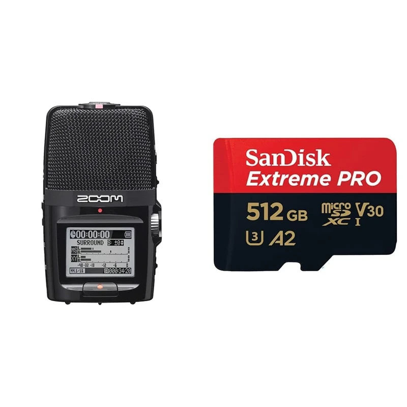 Zoom H2n Stereo/Surround-Sound Portable Recorder, 5 Built-In Microphones, X/Y, Mid-Side & SanDisk 512GB Extreme PRO microSDXC card + RescuePro Deluxe, up to 200 MB/s