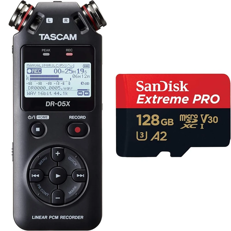 Tascam DR-05X portable audio recorder, usb2.0 & SanDisk 128GB Extreme PRO microSDXC card + SD adapter + RescuePro Deluxe, up to 200 MB/s