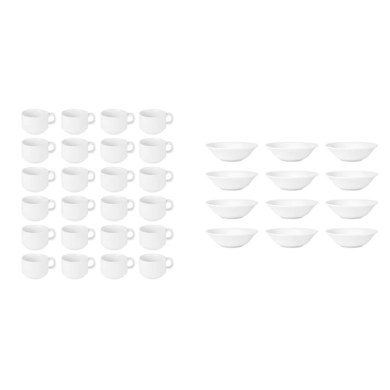 Olympia Athena Stacking Cups 200 ml / 7 oz (Pack of 24), White Porcelain, Teacups and Coffee Cups & Athena Small Breakfast Bowls Set 153 mm/6 inch - 360 ml/12.75 oz (Pack of 12)