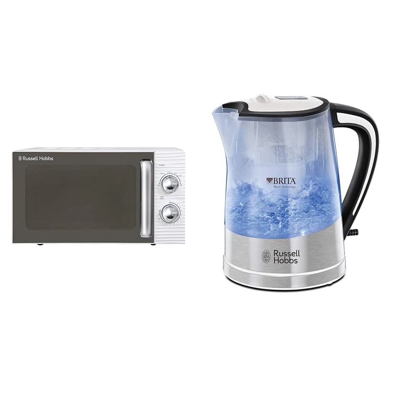 Russell Hobbs RHM1731 INSPIRE White 17 Litre Manual Microwave & Brita Filter Purity 1.5L, Fast boil 3KW Electric Cordless Kettle for cleaner