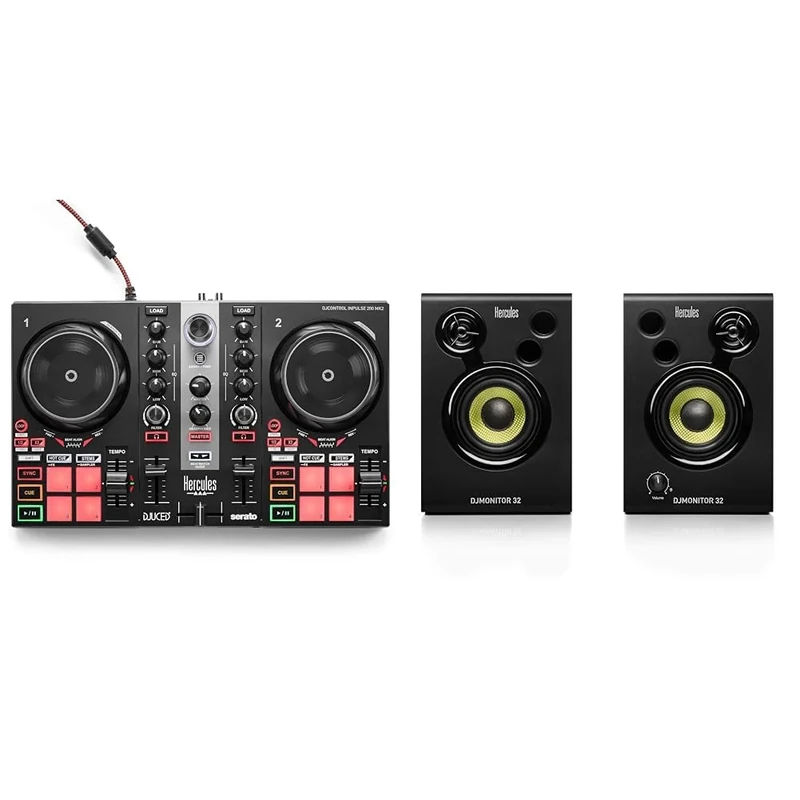 Hercules DJControl Inpulse 200 MK2 — Ideal DJ Controller for Learning to Mix & DJMonitor 32-2 x 15 watts RMS active monitoring speakers - UK Version, Black