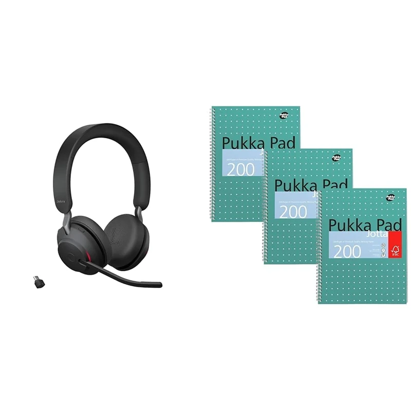 Jabra Evolve2 65 Wireless PC Headset – Noise Cancelling UC Certified Stereo Headphones & Pukka Pad, A4 Metallic Jotta Book 3 Pack – 21 x 30cm – Wirebound Notebook with 8mm Lines - Image 1