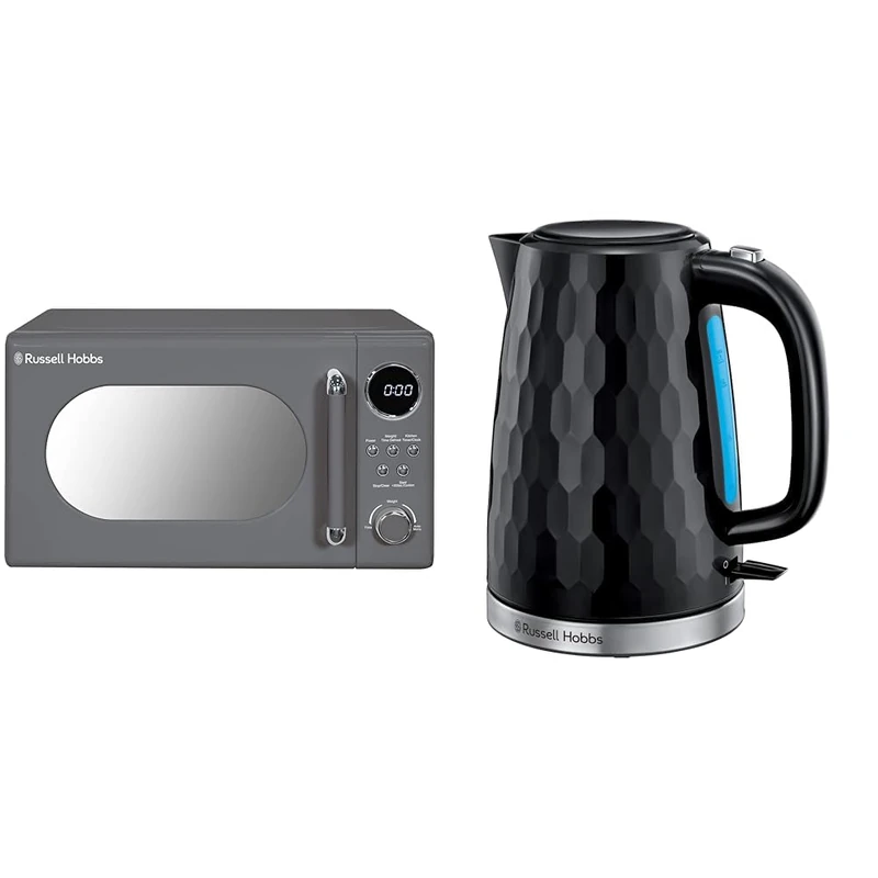 Russell Hobbs RHM2044G Retro 20 Litre Grey Digital Microwave, 800W, Mirror Finish & Honeycomb Electric 1.7L Cordless Kettle (Fast Boil 3KW, Black premium plastic