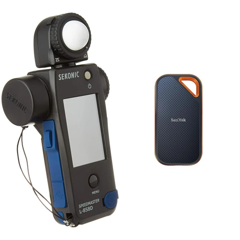 Sekonic L-858D SPEEDMASTER Digital Light Meter - Black/Blue & SanDisk 4TB Extreme PRO portable external SSD, up to 2000 MB/s, read and write speeds USB-C